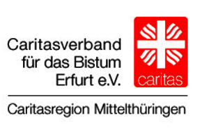 Logo: Caritaslogo (Flammenkreuz in weiß auf rot und Schriftzug "caritas") mit Schriftzug "Caritasverband für das Bistum Erfurt e. V. - Caritasregion Mittelthürigen"